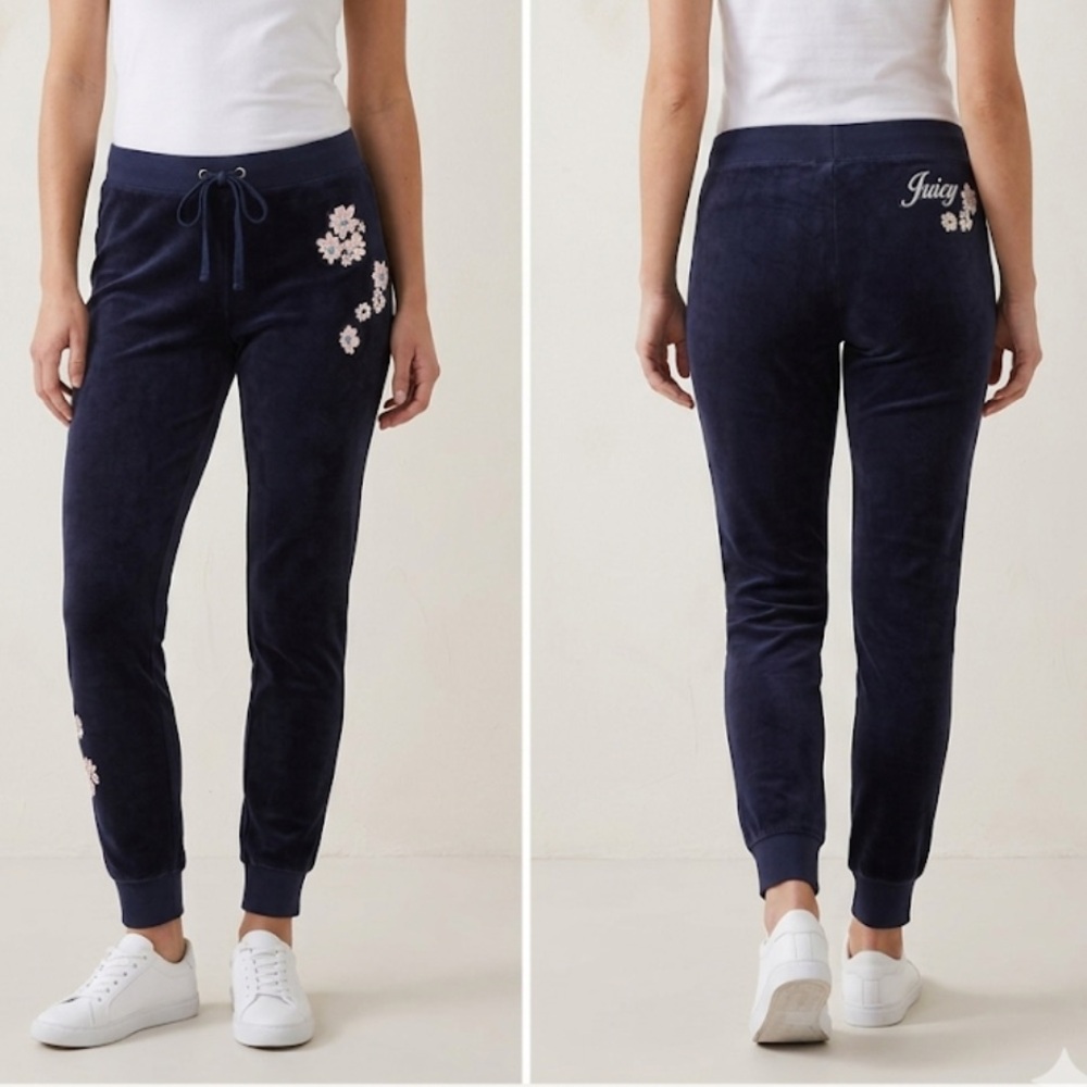 Juicy Couture Navy velour velvet Flower Embroidered low rise Joggers Y2K
